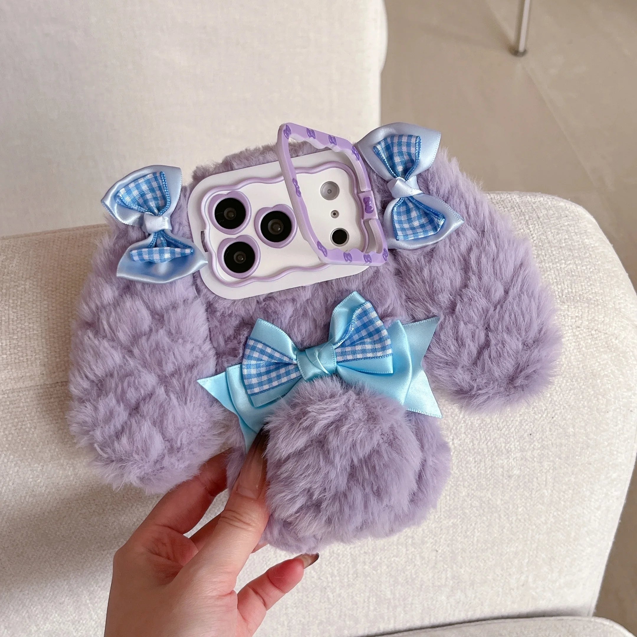 Bunny Rabbit Plush Phone Case with Butterfly Knot Design For iPhone 17 pro Max 16pro 15plus 14 13 Protective Cover