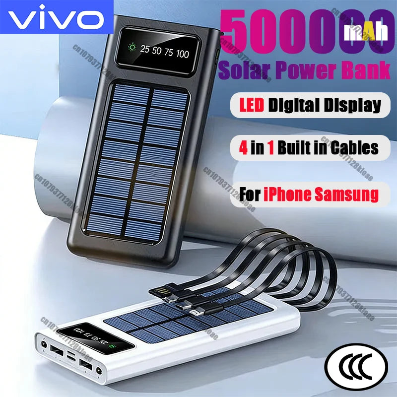 VIVO 500000mAh Large Capacity Solar Power Bank 4 in1 Cables Portable Power Bank Super Fast Charging Powerbank For iPhone 2026New