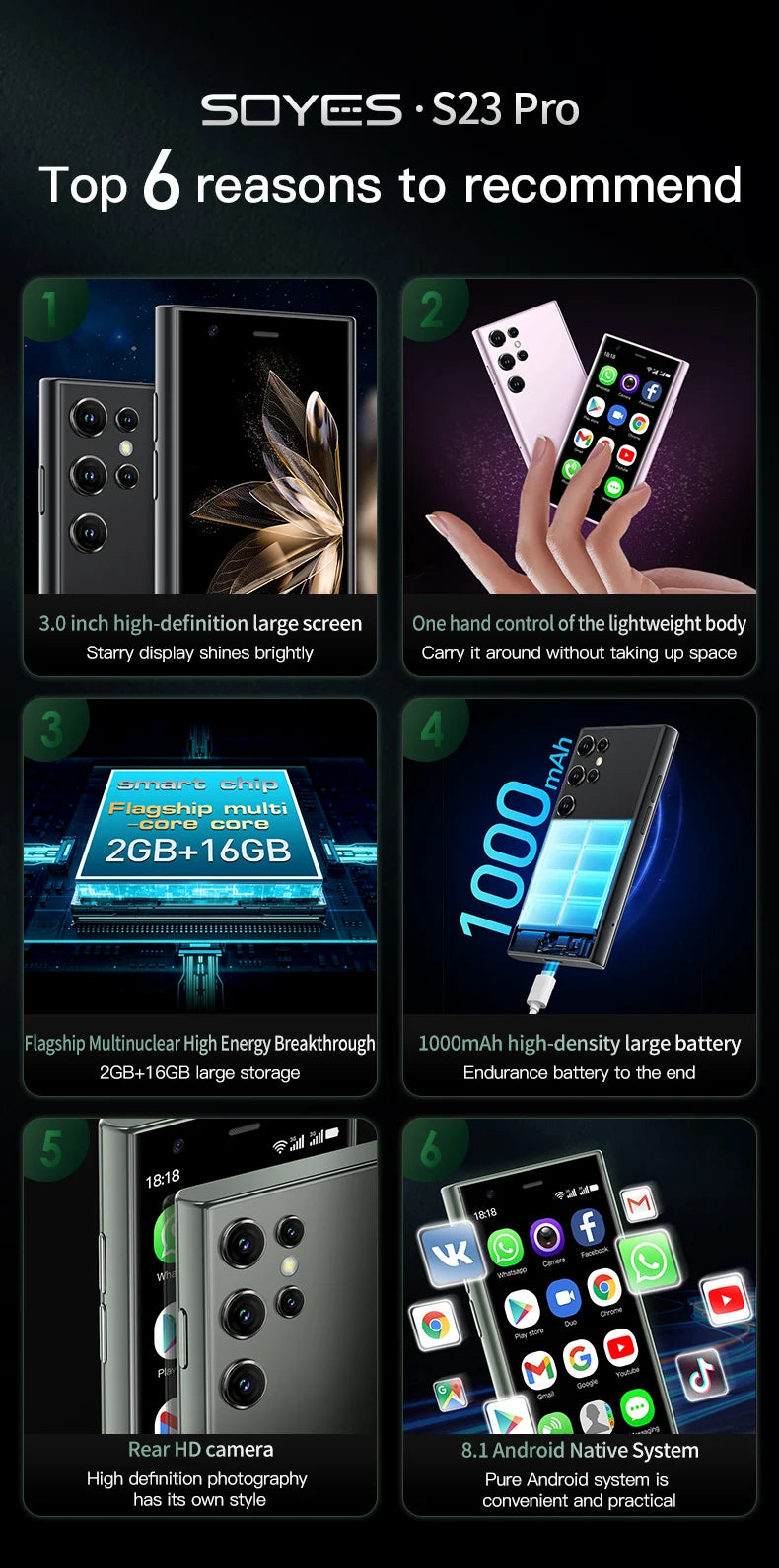 SOYES S23 Pro & Mini 24 Mini Smartphones Android 8.1 Dual SIM 3.0'' HD 1000mAh Battery WIFI Bluetooth 3G Small Mobile Phone