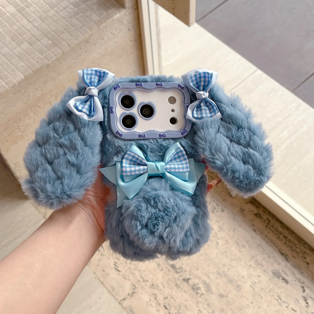 Bunny Rabbit Plush Phone Case with Butterfly Knot Design For iPhone 17 pro Max 16pro 15plus 14 13 Protective Cover