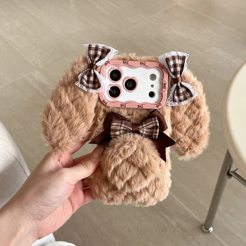 Bunny Rabbit Plush Phone Case with Butterfly Knot Design For iPhone 17 pro Max 16pro 15plus 14 13 Protective Cover